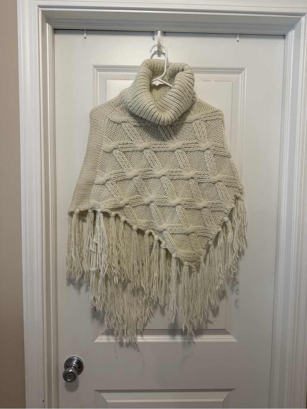 Cream Cable-Knit Turtleneck Fringe Poncho